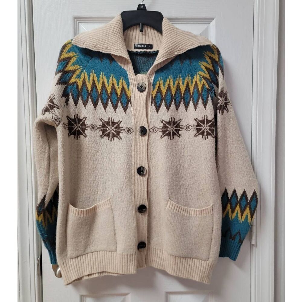 Vintage Fair Isle Nordic Knit Boho Cardigan L